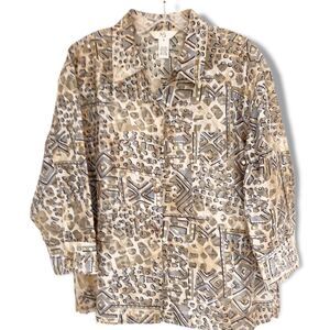 JOS Gold Print Blouse LS‎ Semi Sheer Button Front Collared Sequins M